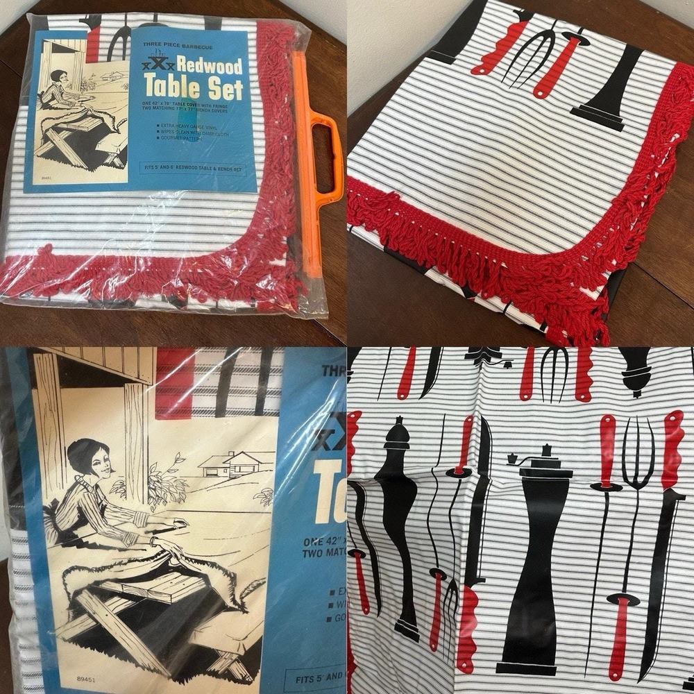 Vtg Redwood Table set Retro Kitschy BBQ Fringe Bench Covers 3 PC NEW NOS